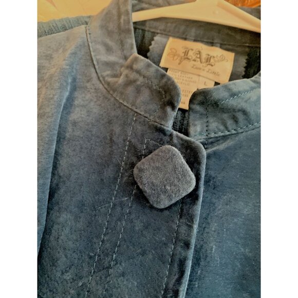 LAL Vintage Y2K Leather Sweater Jacket Blue Covered Buttons Pockets Size L - Picture 7 of 7